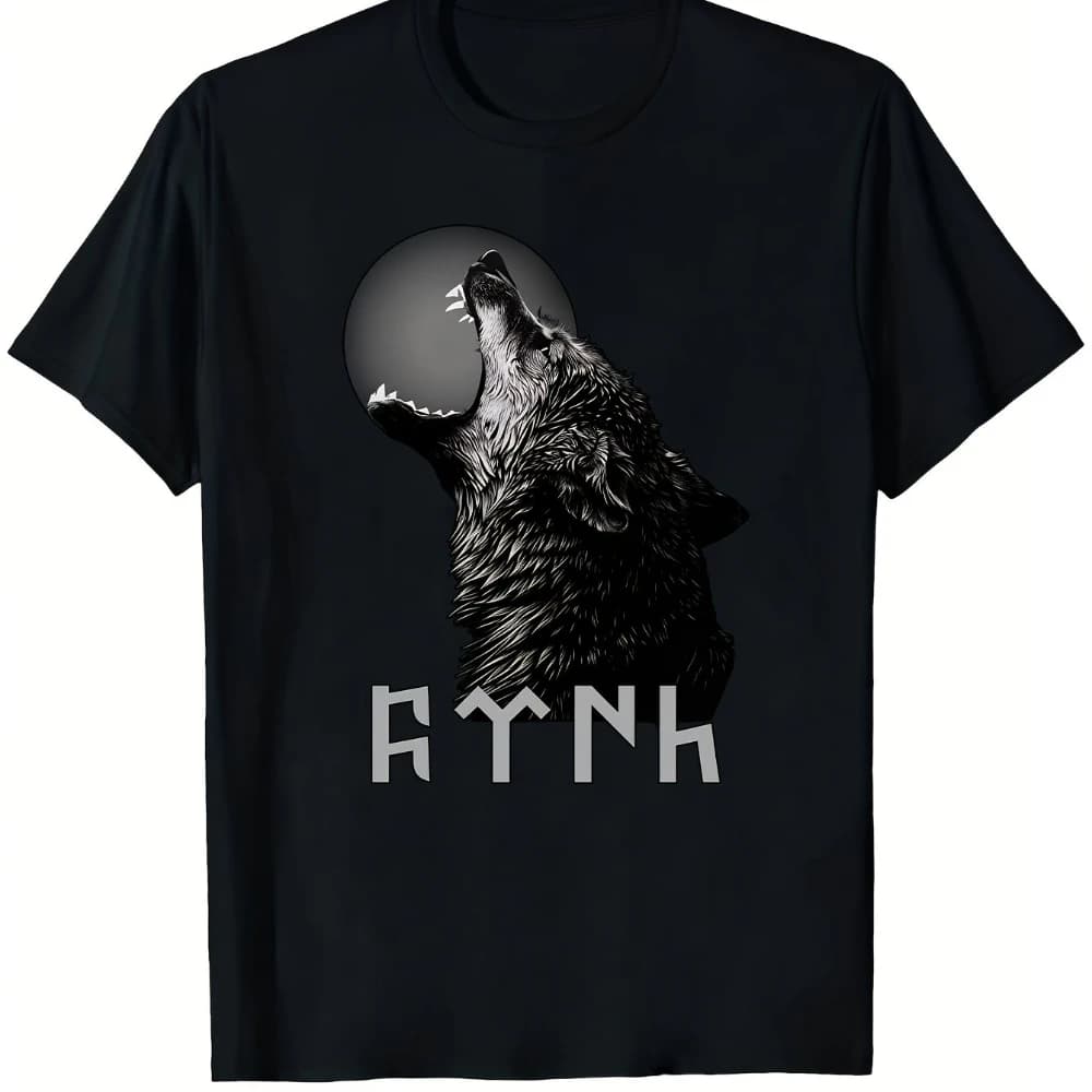 T-shirt Kurt Turco Nero da Uomo e Donna, Stampa Grafica Lupo Runico, Maglietta Streetwear in Cotone Morbido e Traspirante