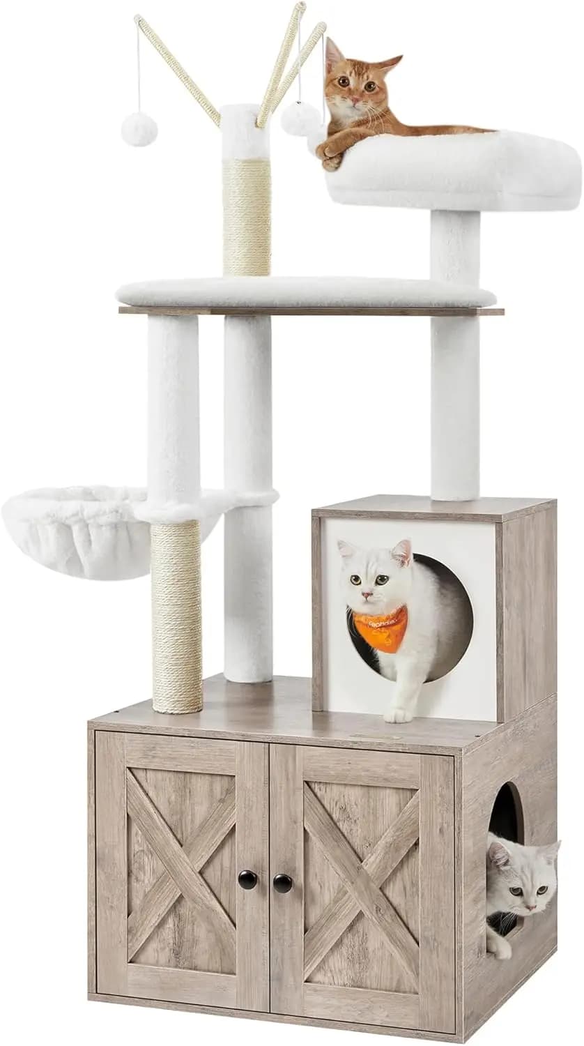 Albero per gatti moderno con lettiera integrata, torre da 150 cm, casetta 2-in-1, tiragraffi, cuscino lavabile color grigio beige