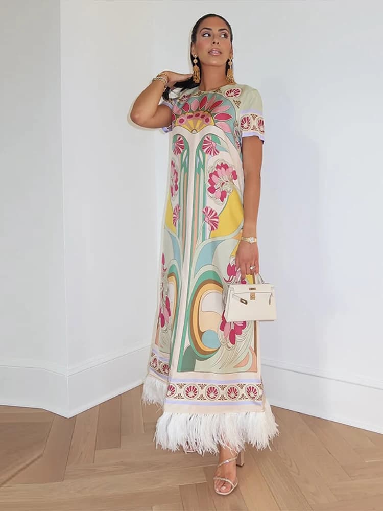 Summer Women Dress Printed Short Sleeve Round Neck Floral Long Robe Chic Lady Vacation Streetwear 2026 Beachwear New