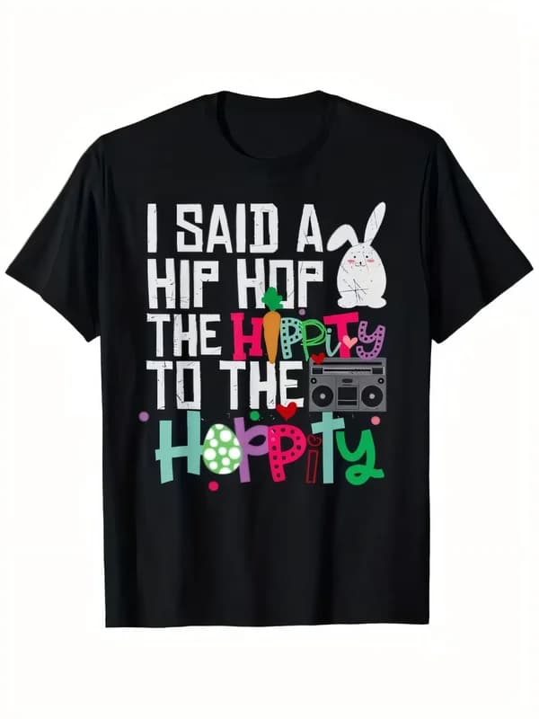 Black Short Sleeve Hip Hop Hippie Pun T-Shirt Cute Rabbit Vintage Boombox Graphic Tee Summer Streetwear Top