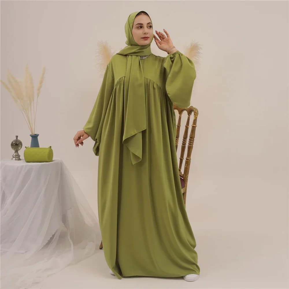 Abito lungo musulmano Abaya tinta unita Donna Eid Manica a palloncino Abito islamico con sciarpa Abiti africani Dubai Turco Modestia Caftano