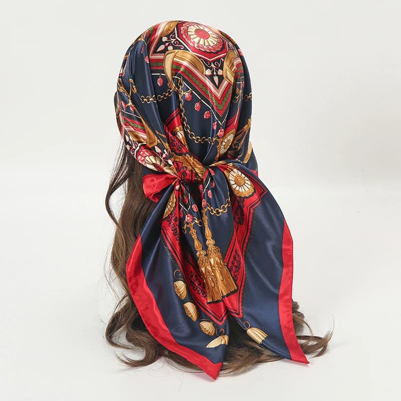Women's Fashion Style Satin Scarf, Hijab Muslim Elegant 2026 with Chain Design, Scarf, Spades, Hairband, Female Band
