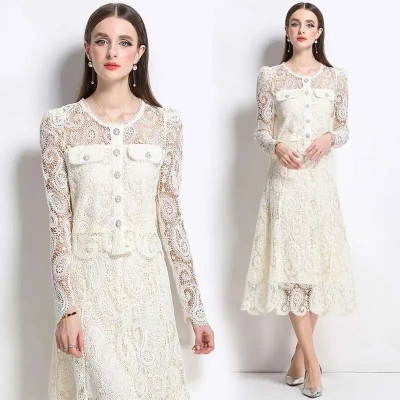 Elegante abito lungo scavato 2 pezzi gonna da donna set estate perla ricamo top in pizzo gonna longuette abiti abito da sera per feste