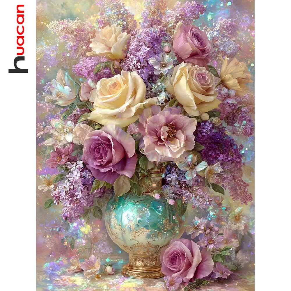Huacan Full Diamond Painting Rose Vase Diamond Embroidery Complete Flower Kit Picture Of Rhinestones