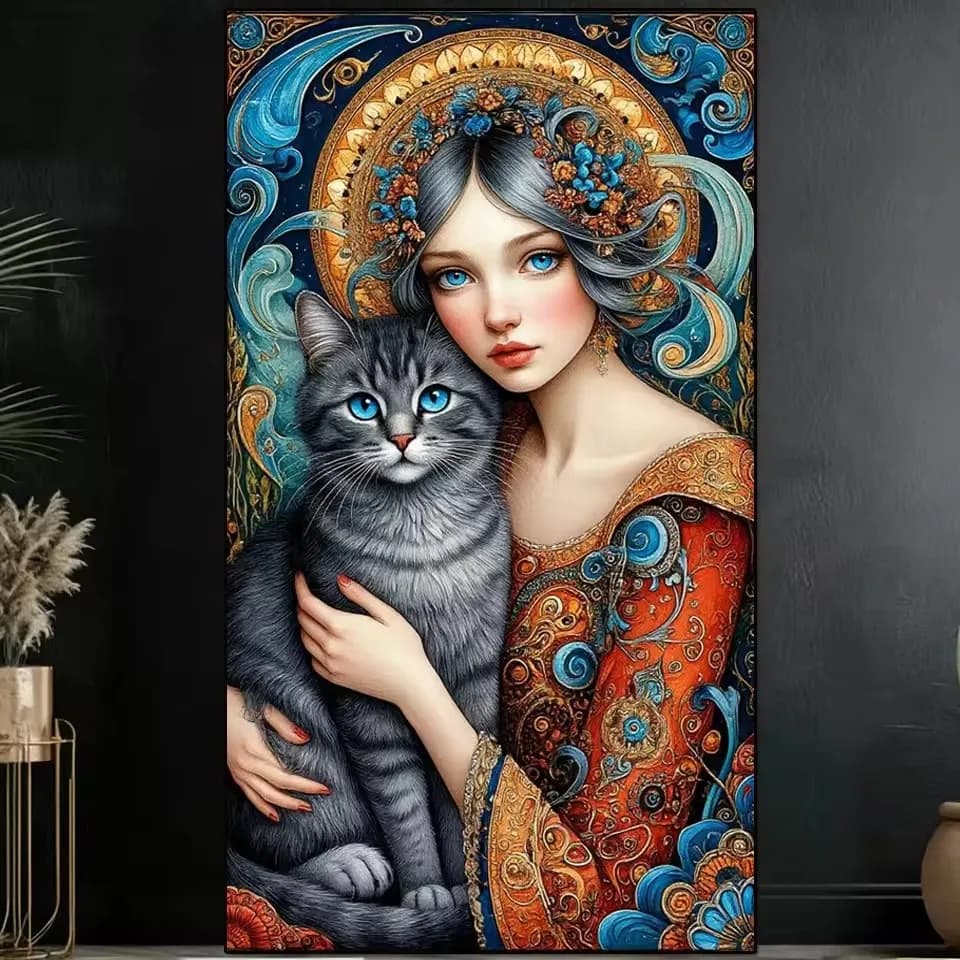 5D Diamond Art Painting Girl and Cat Cross Stitch Full Square Round Rhinestones Cross Stitch Diy Mosaic Embroidery Home Decor