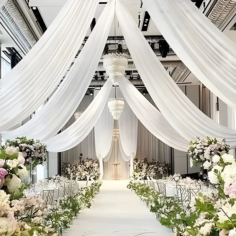 Tessuti per tende da soffitto Decorazione di nozze Tessuto drappeggiato trasparente in chiffon Cerimonia di nozze Decorazioni per sale reception