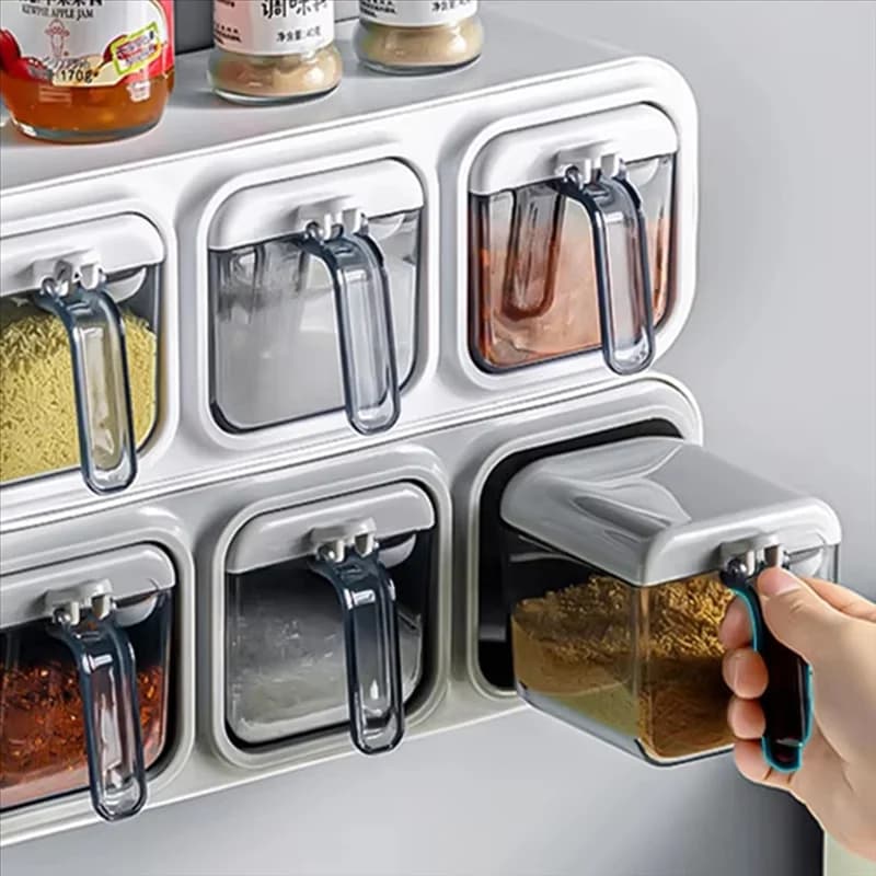 ABRE-Set di scatole per condimenti da cucina a parete - Organizzatore per riporre condimenti con porta, barattoli di spezie per la casa, gadget da cucina