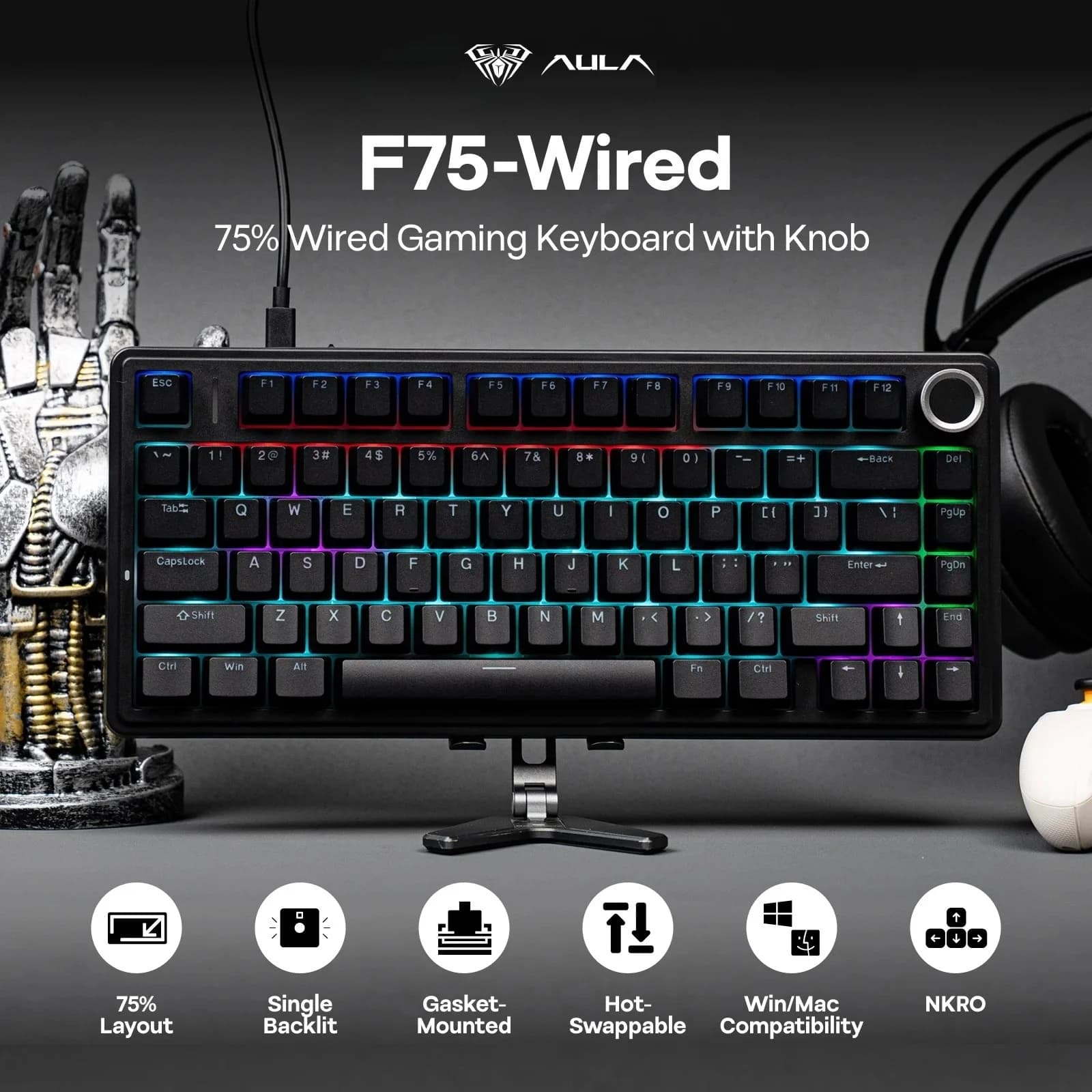 Tastiera da Gaming Cablata AULA F75, Layout ANSI US 75%, Hot Swappable, Keycap in ABS, RGB con Manopola, Tastiera per Esports, Regalo per Gamer