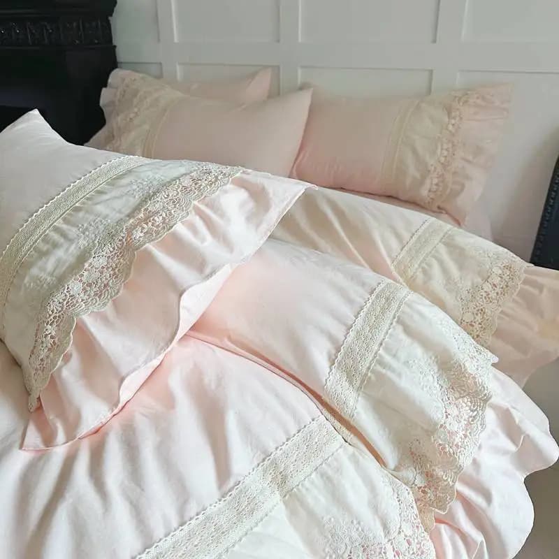 Pink Vintage Double Layer Lace Ruffles 100% Cotton Bedding Set Duvet Cover Set Bed Sheet/Bed Skirt/Fitted Sheet Pillowcases 4Pcs