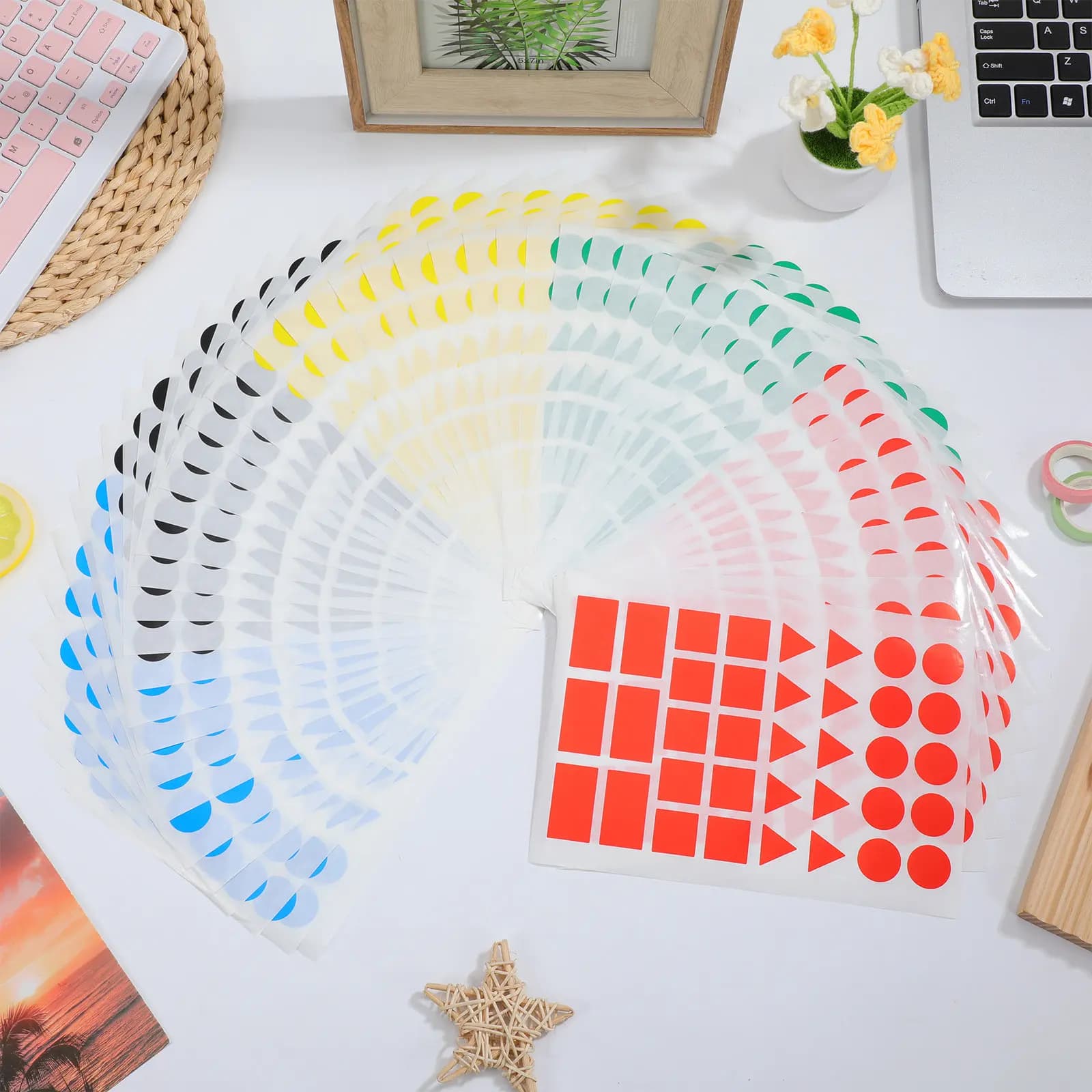 50 Fogli di Etichette Adesive Multiforma per Codifica a Colori, Rotonde, Quadrate, Triangolari, Rettangolari, per Organizzare Barattoli e Oli Essenziali