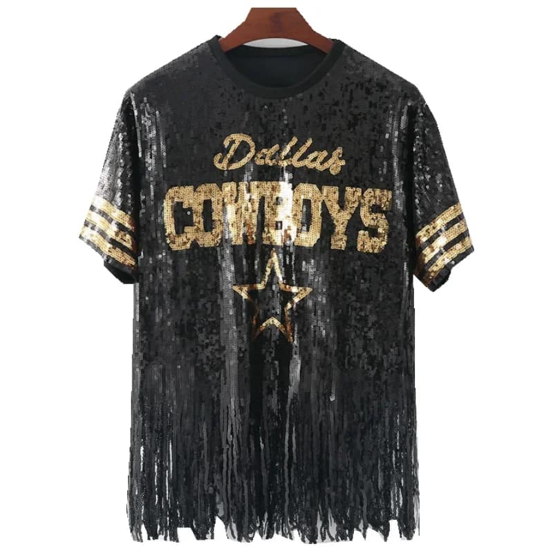 Summer Letter Streetwear Tassel Patchwork Sequined Short Sleeve T-Shirt Round Neck Loose Hip Hop Night Club Women's Clothing