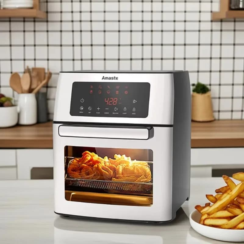 Friggitrice ad aria calda digitale 10 in 1 senza olio con touch screen, cestello in plastica antiaderente, controllo digitale semplice, ideale per famiglie e camper.
