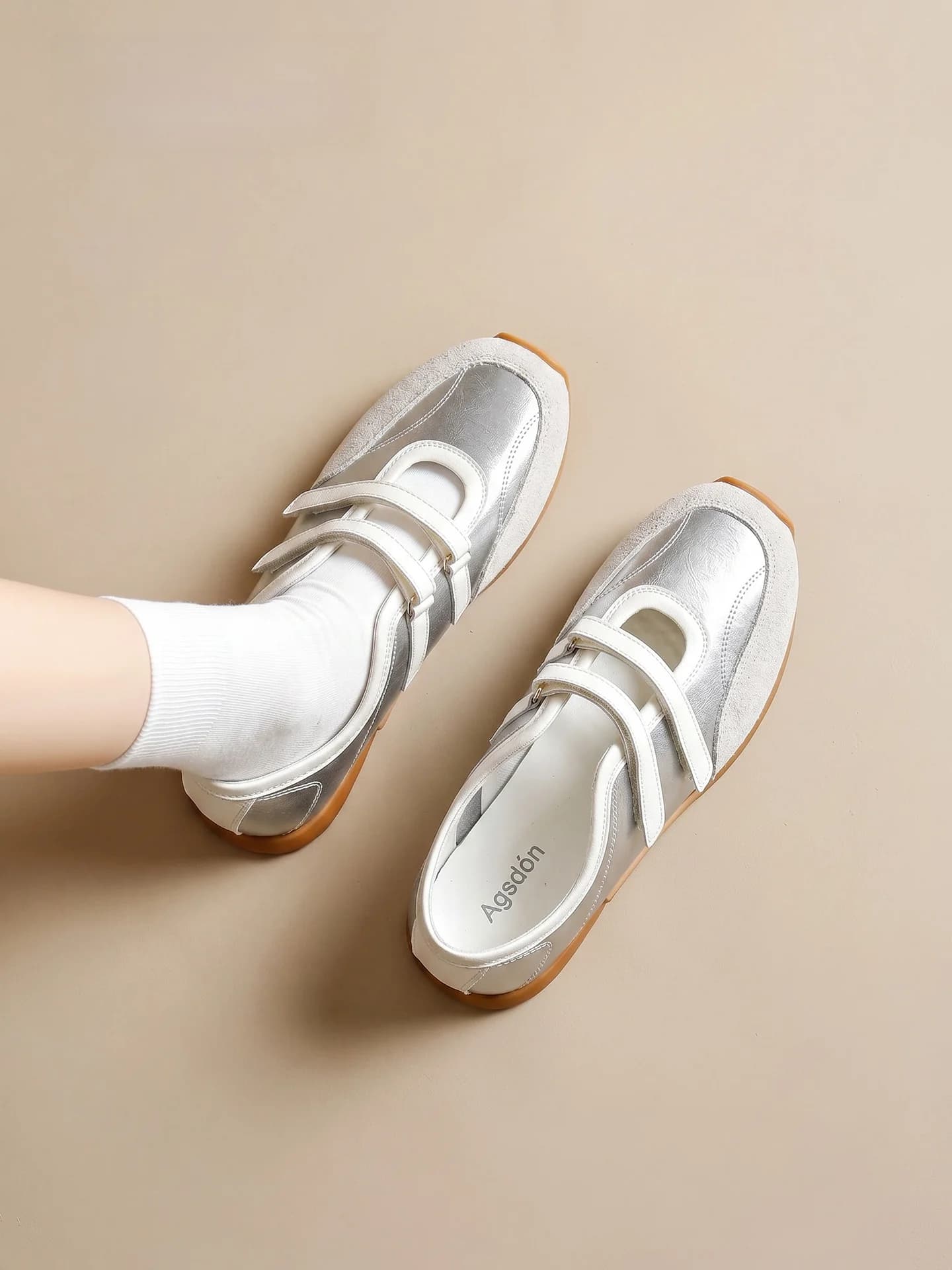 Agsdon Silver Sporty Mary Jane Women's Slippers Ballet Flat Trainer Shoe Easy Wear Summer Fashion Casual Low Top Glue Bonding