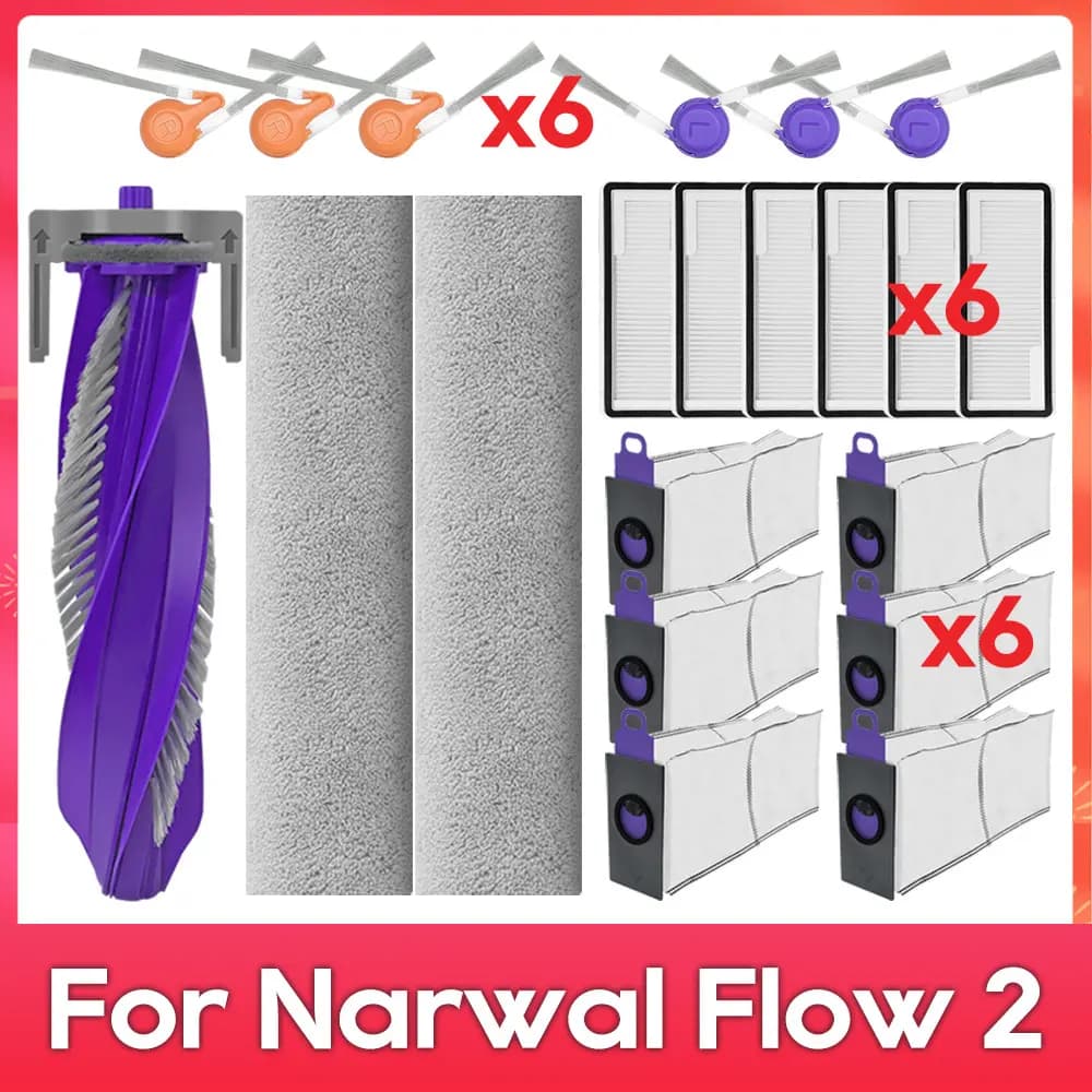 Accessori e Ricambi Compatibili per Robot Aspirapolvere (Narwal Flow 2): Spazzola Principale, Spazzole Laterali, Filtro, Sacchetto Raccoglipolvere, Rullo Lavapavimenti