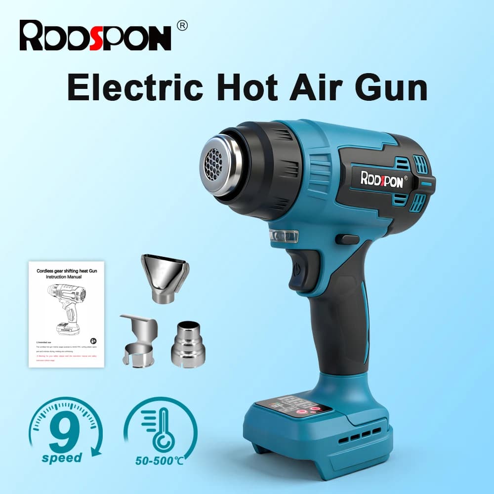 9 Speed Electric Heat Gun 50-500 Degree Temperature Adjustable Hot Air Gun With 3 Nozzles For 18-21v Battery Tools Power