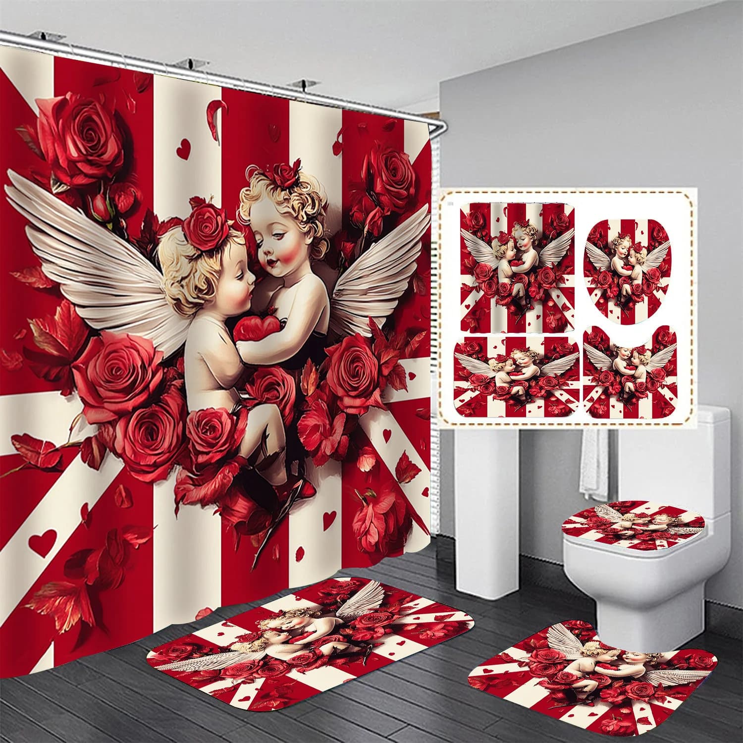 Set di tende da doccia con fiori di Cupido da 4 pezzi, set da bagno decorativo include tende da doccia stampate, tappetino antiscivolo, sedile WC