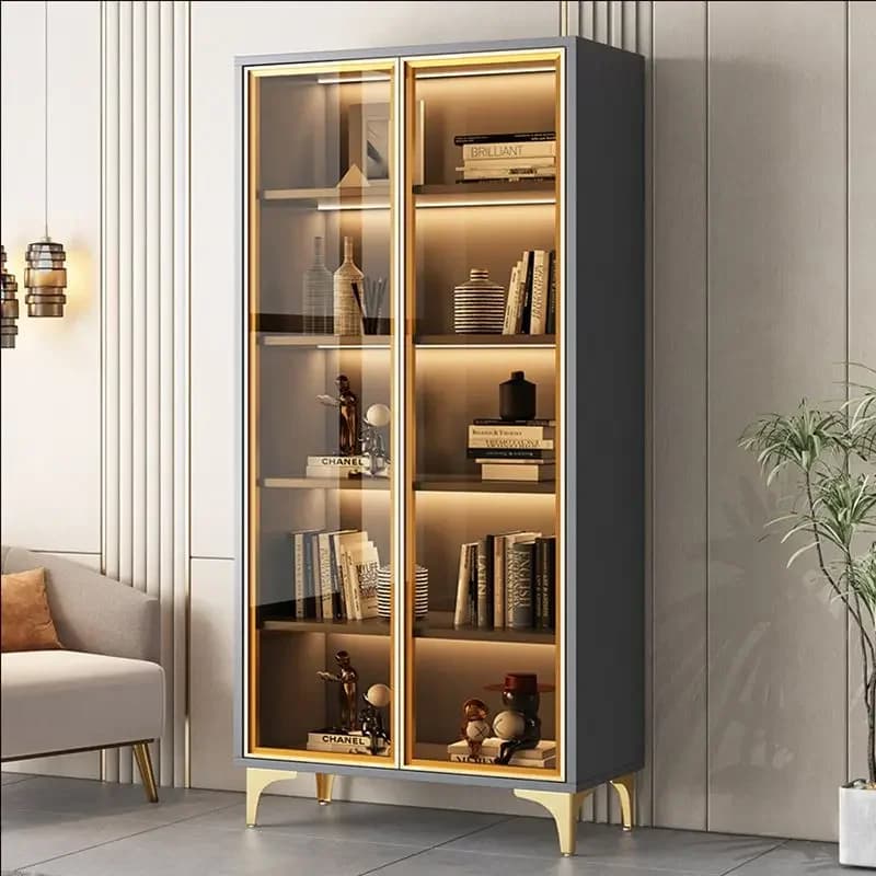 Libreria con anta in vetro, mobiletto portabottiglie trasparente, soggiorno di lusso leggermente elegante, librerie multistrato integrate