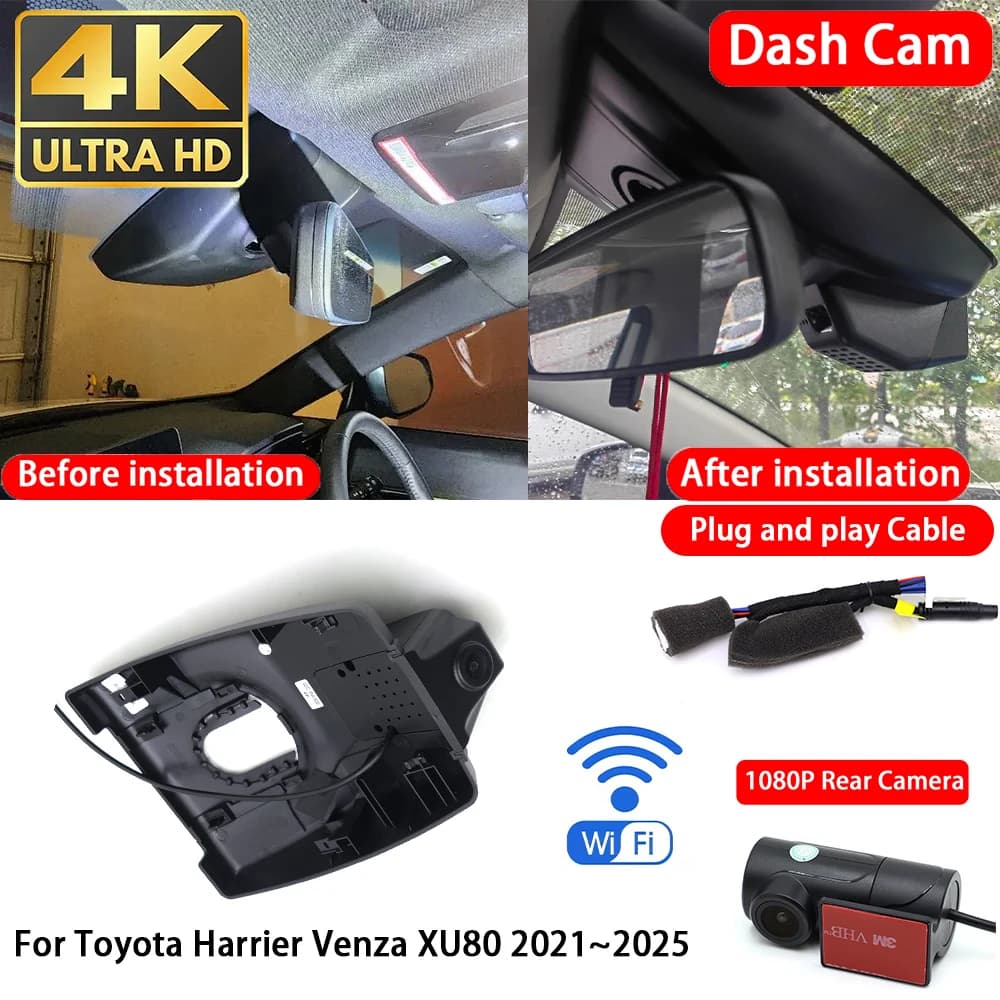 for Toyota Harrier Venza XU80 2021~2025 4K Dash Cam Front Rear Car Camera DVR Wifi Plug & Play Video Recorder Loop Recording