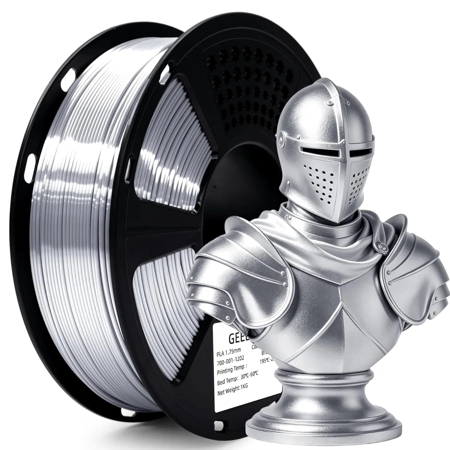 1.75mm Silk PLA Filament 1kg - Metallic Silver Shiny 3D Printing Filament +/-0.02mm Accuracy Low Warp