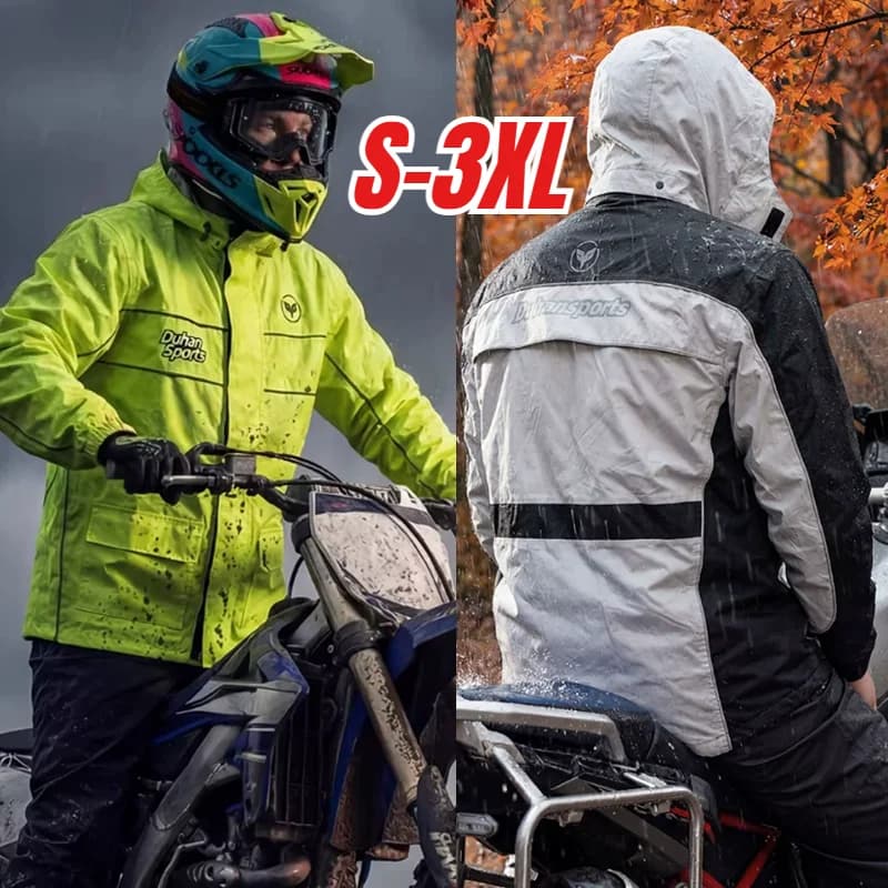Tuta antipioggia da moto DUHAN, impermeabile, riflettente, giacca e pantaloni separati, con cappuccio e copriscarpe.
