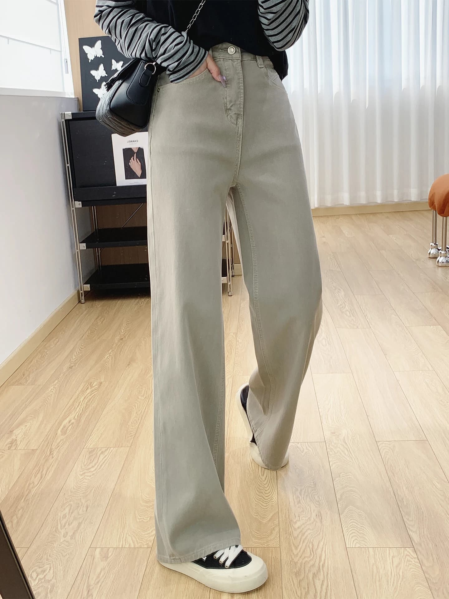 Jeans a Vita Alta Modellanti a Gamba Larga per Donna, Primaverili, in Denim di Cotone Morbido ed Elastico in Quattro Direzioni