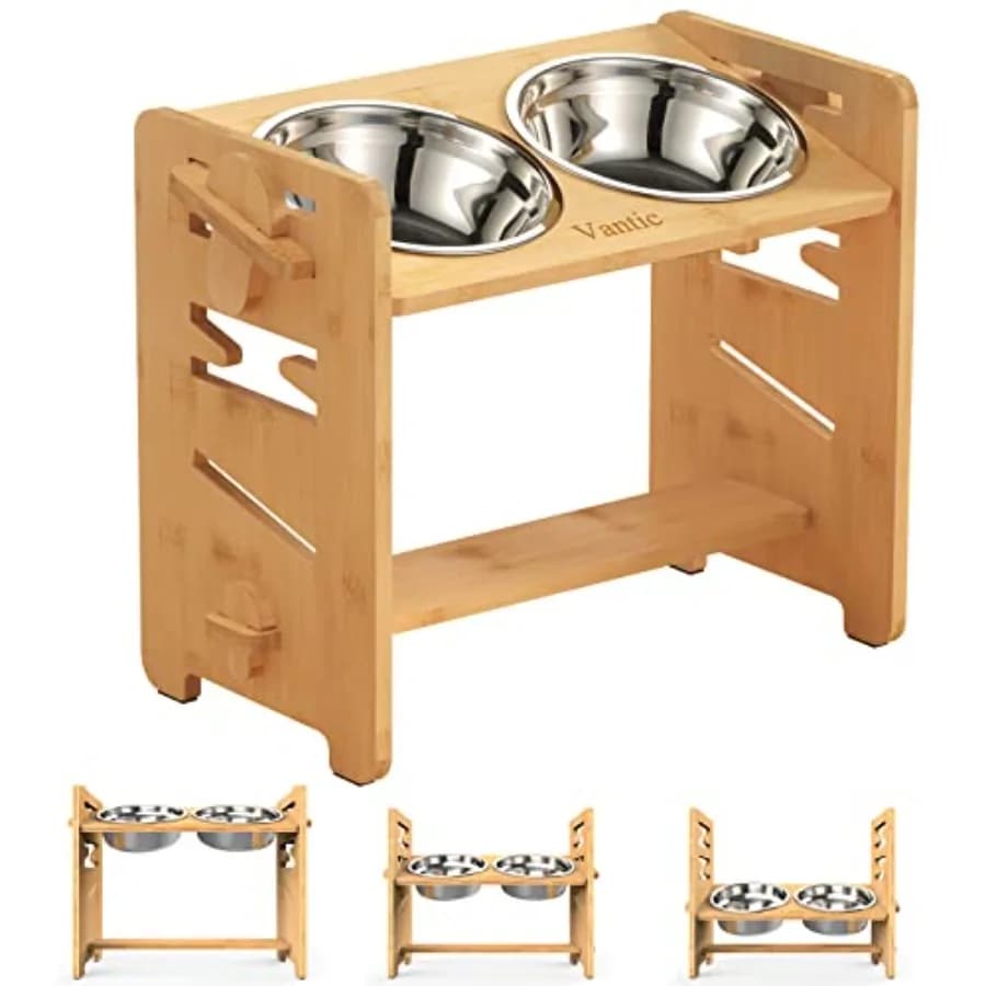 Elevated Dog Bowls, Adjustable Raised Dog Bowl Stand Sized Pet, Sturdy Food Feeder with 2 Stainless Steel Dishes, Natural