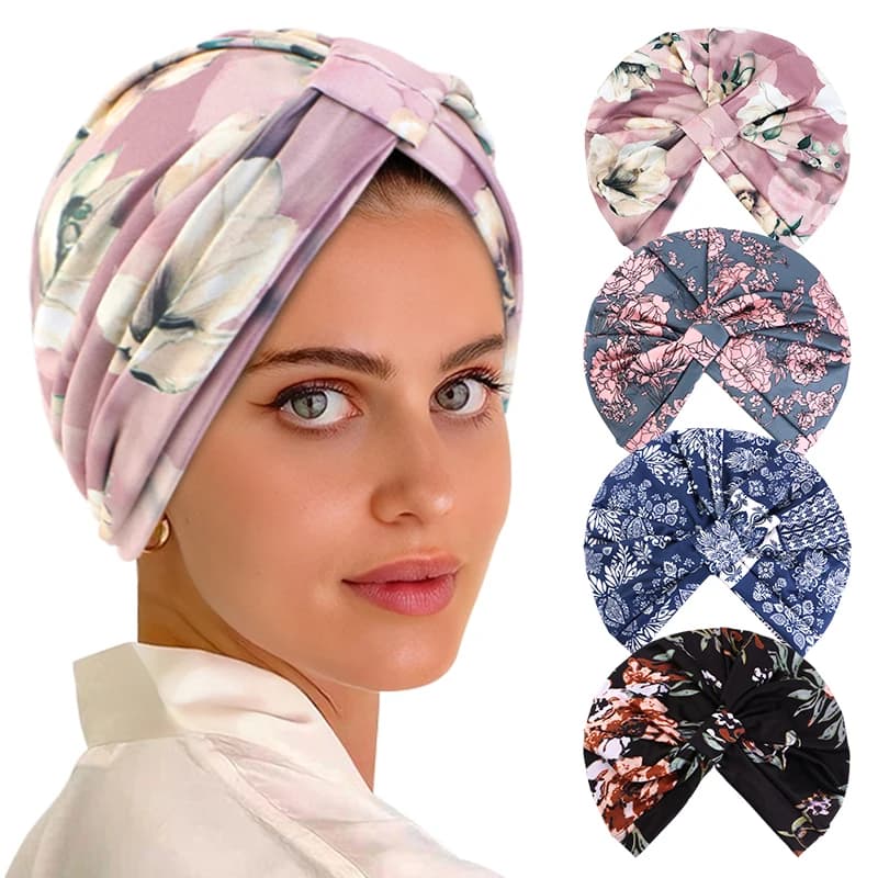 Nuovo Bohemia Stampa floreale Turbante Pre legato Nodo Pieghettato Hijab musulmano Avvolgere la testa Elastico India Cappello Cofano Chemio Caps Beanie Hat