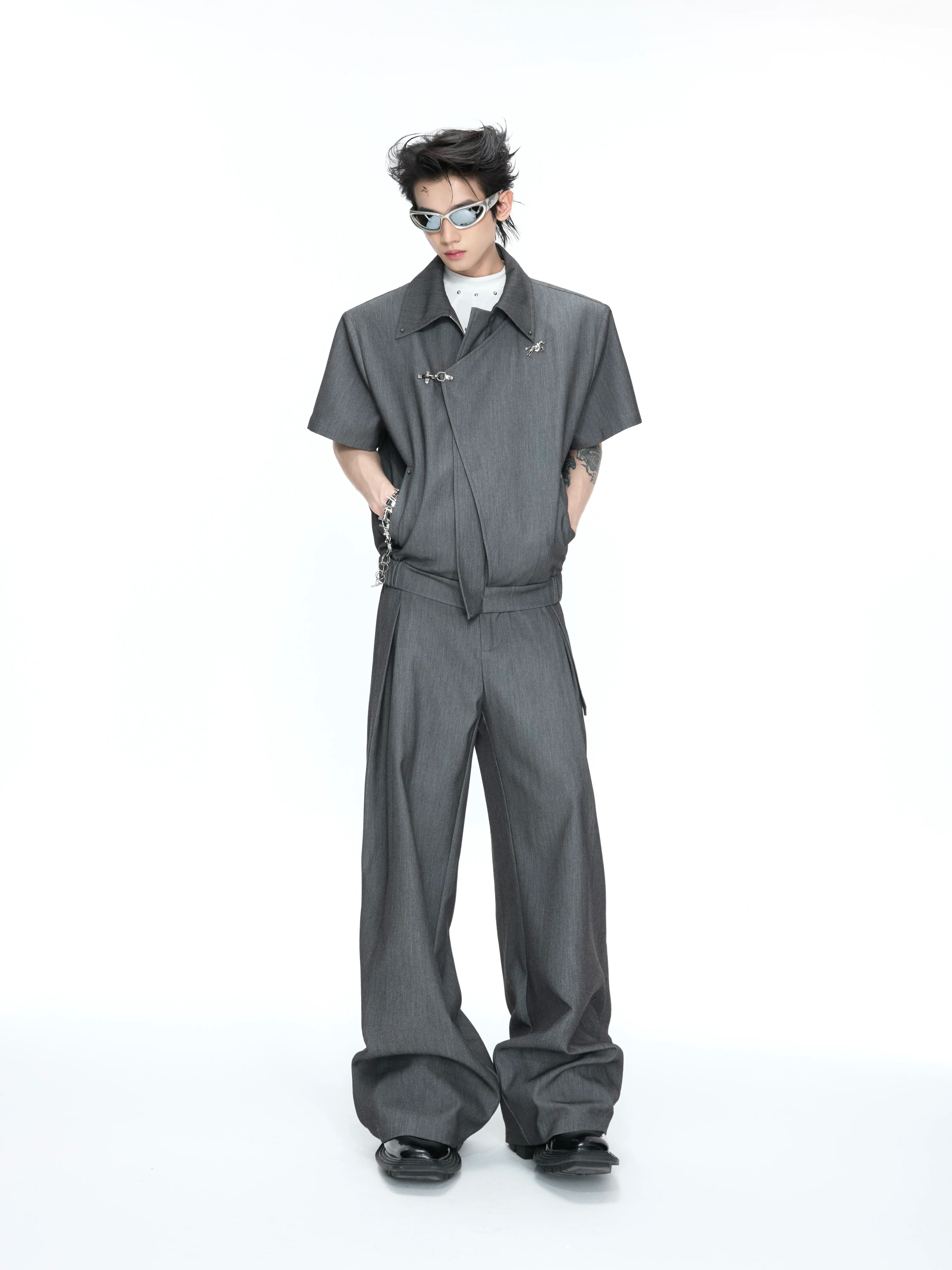 Argue Asymmetric Short Sleeve Jacket Set Breathable Cool Sensation Deconstructed Youth Fashion Cotton Unisex Spring Summer