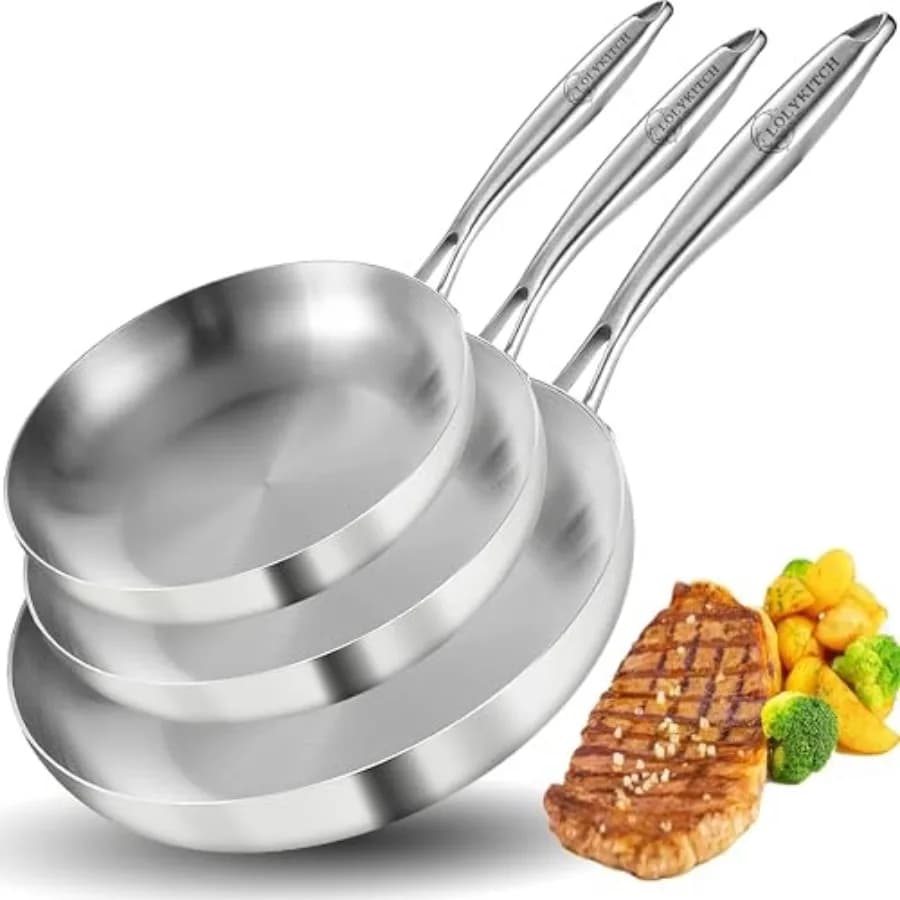 Set di Padelle Professionali 8+0+ Tri-Ply in Acciaio Inossidabile, Riscaldamento Rapido e Uniforme, Adatte per Induzione e Forno