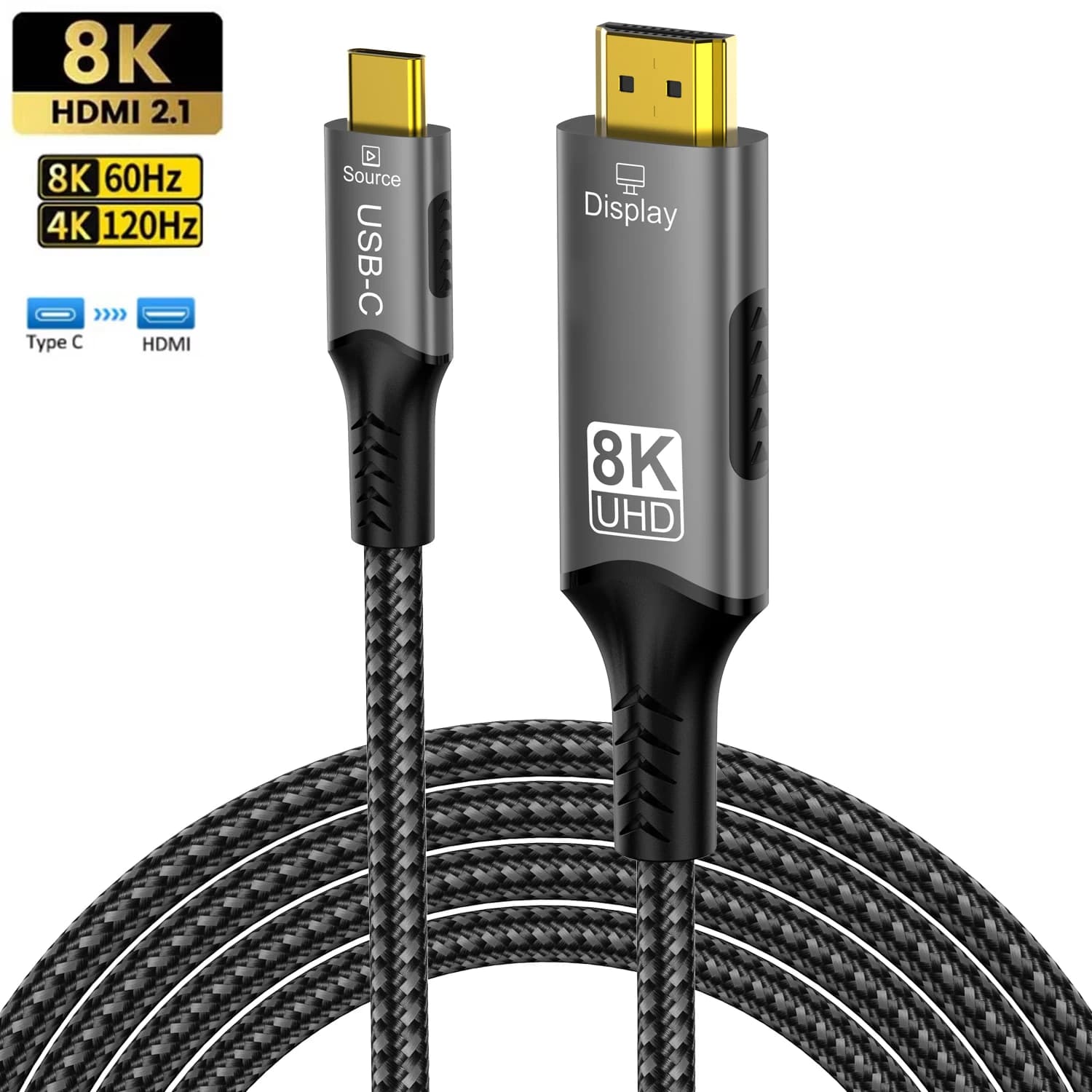 USB-C cable to HDMI 2.1 8K 8K to 60Hz 48Gbps ARC HDCP HDR high speed for RTX PC portable video cable 4K HD TV projector to 120Hz