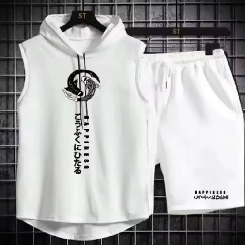 2026 Summer Japanese style Koi print sleeveless hooded suit men's casual vest shorts two-piece set
