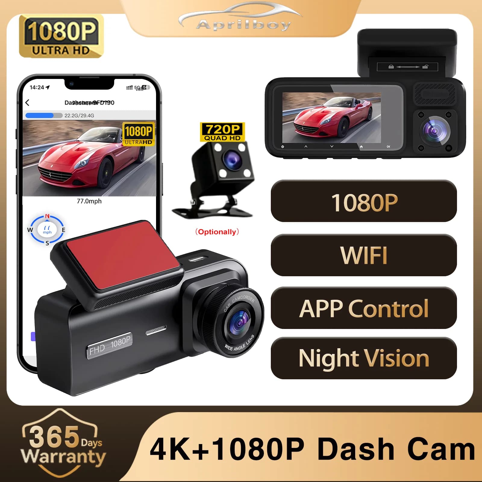 Dash Cam for 3 Channels WiFi HD 1080P, DVR Recorder for Vehicles