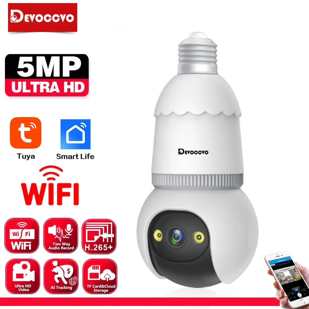 Tuya 5MP Wifi PTZ IP Light Bulb Camera Auto Tracking Home Smart Life Wireless Surveillance Camera 2 Way Audio Baby Monitor Cam