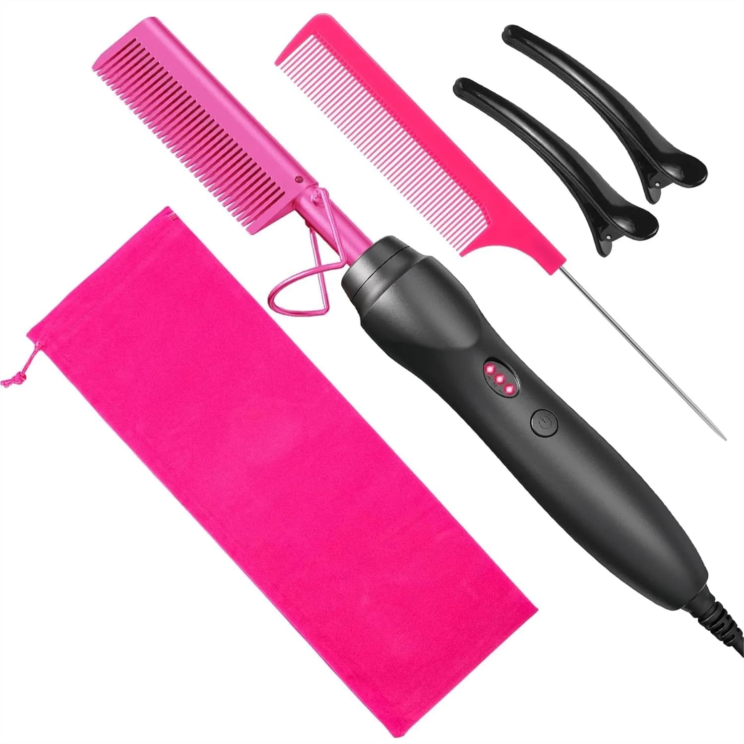 Piastra per capelli in ceramica a caldo per parrucche di barba nera naturale, riscaldamento rapido con clip a becco d'anatra e custodia - Rosa