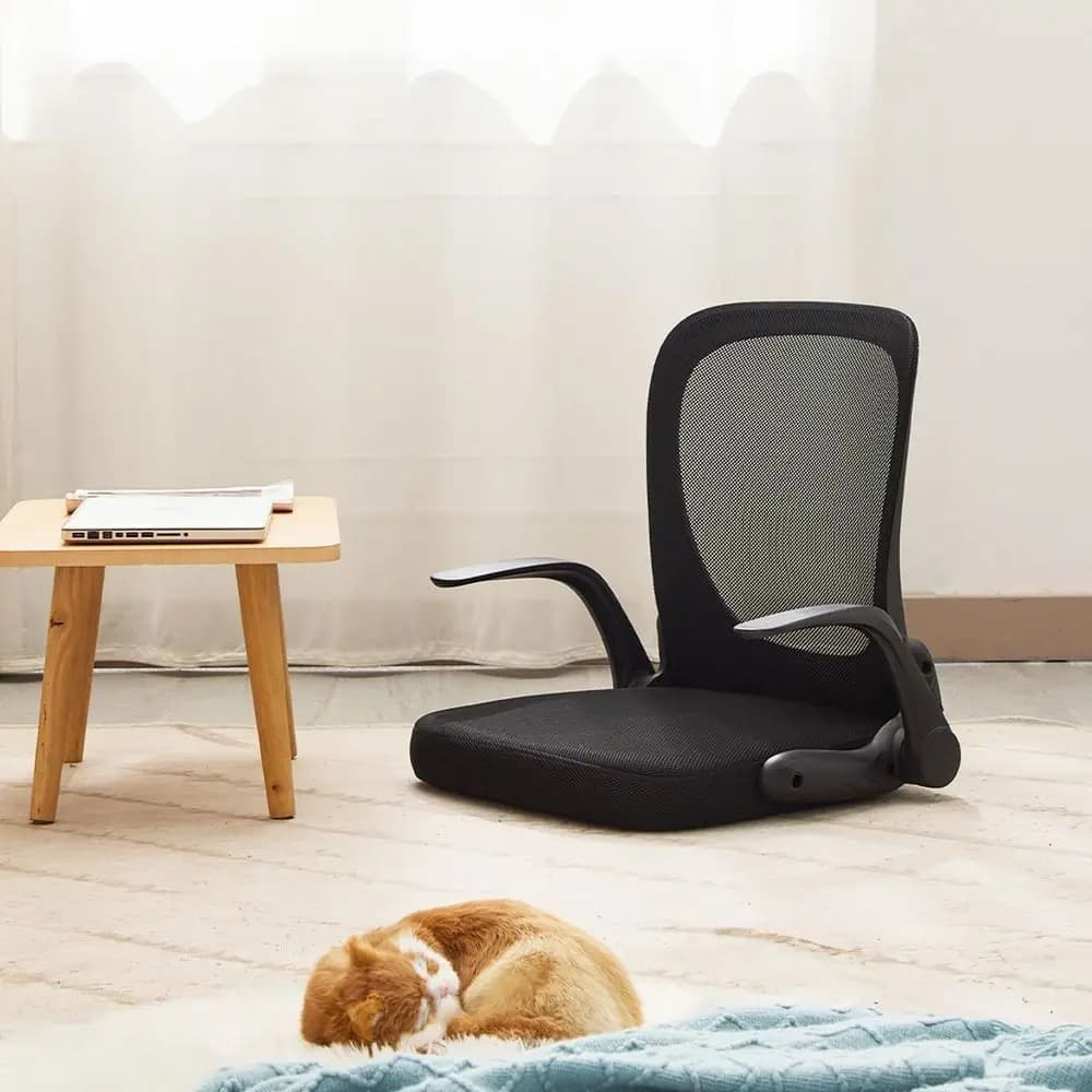 Sedia da pavimento pieghevole con braccioli regolabili e schienale in rete, sedile spesso imbottito per gaming, lettura, meditazione, multiuso per il soggiorno