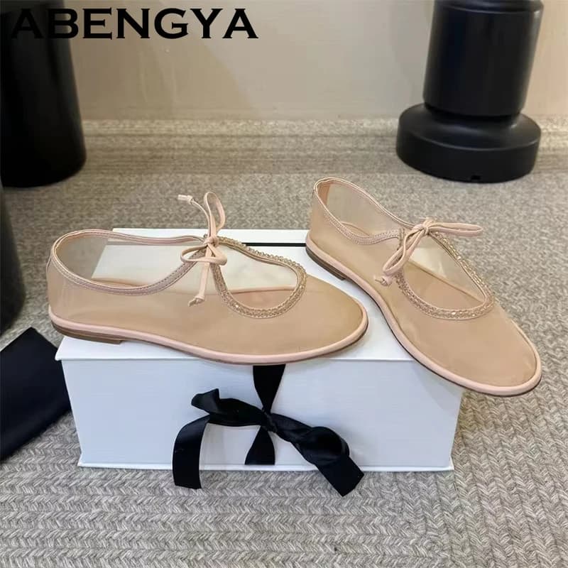 2026 Summer Breathable Mesh Flat Loafers Shoes Women Round Toe Lace Up Crystal Ballet Flat Shoes Casual Walk Single Shoes Female