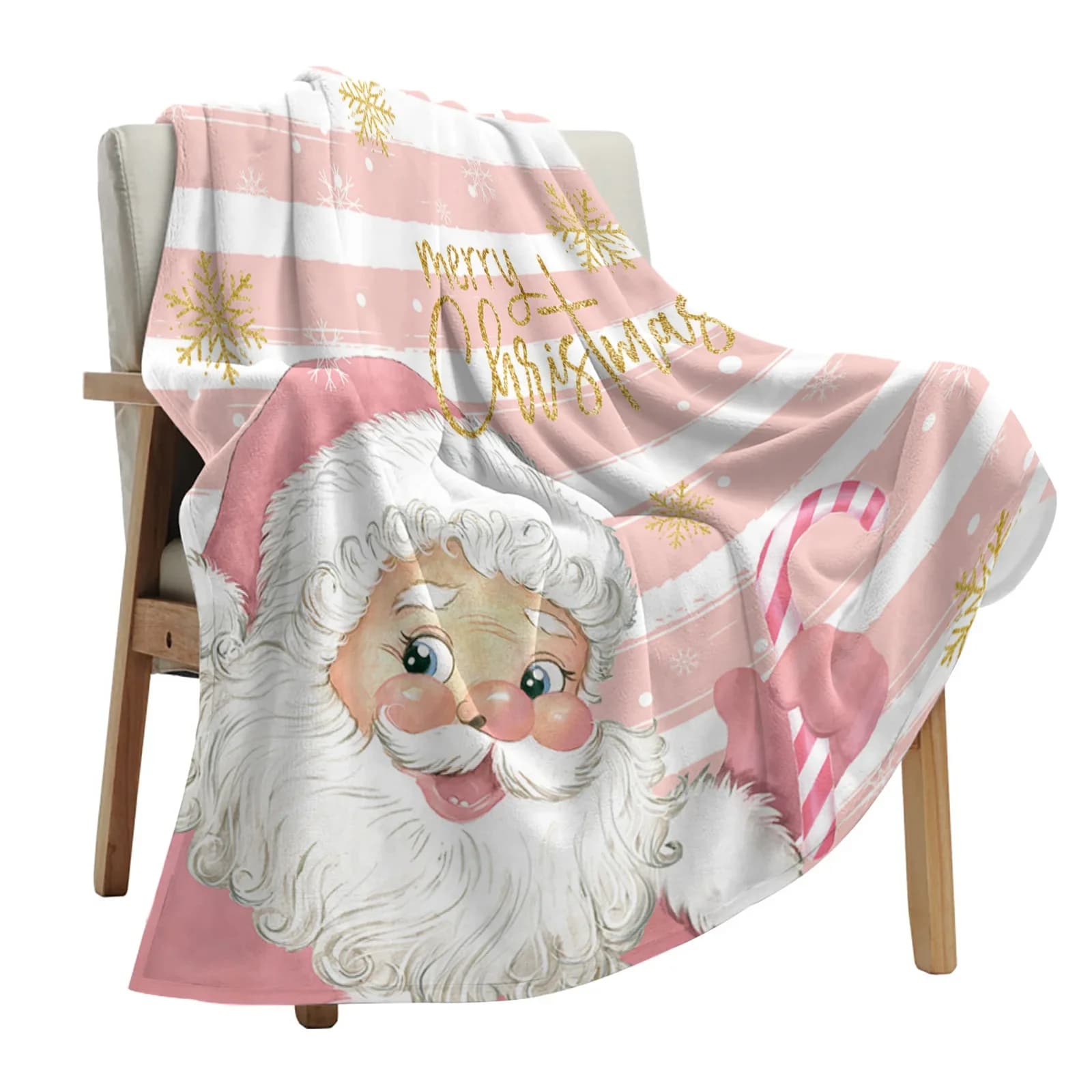Christmas Santa Claus Snowflakes Pink Stripes Throw Blanket Christmas Blanket Soft Plush Warm Sofa Throw Blanket Holiday Gifts