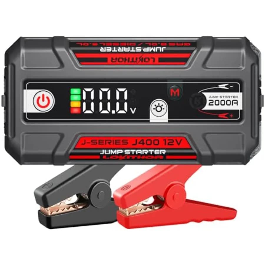 Avviatore di Emergenza Portatile 12V 2000A con Batteria al Litio per Auto, Scocca in Alluminio Nero con Display Digitale Intelligente e Ricarica Rapida