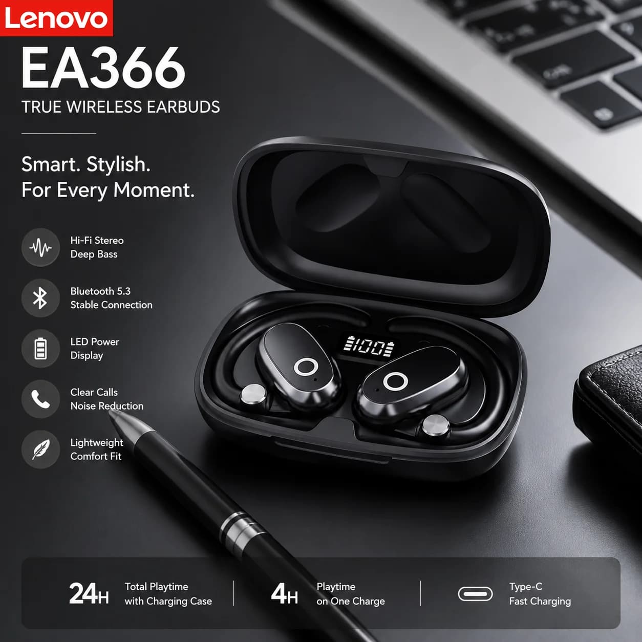Lenovo EA366 Earhook Headphones Bone Conduction Wireless Bluetooth HD Stereo Music Game Noise Reduction Earphones Sport Earbuds