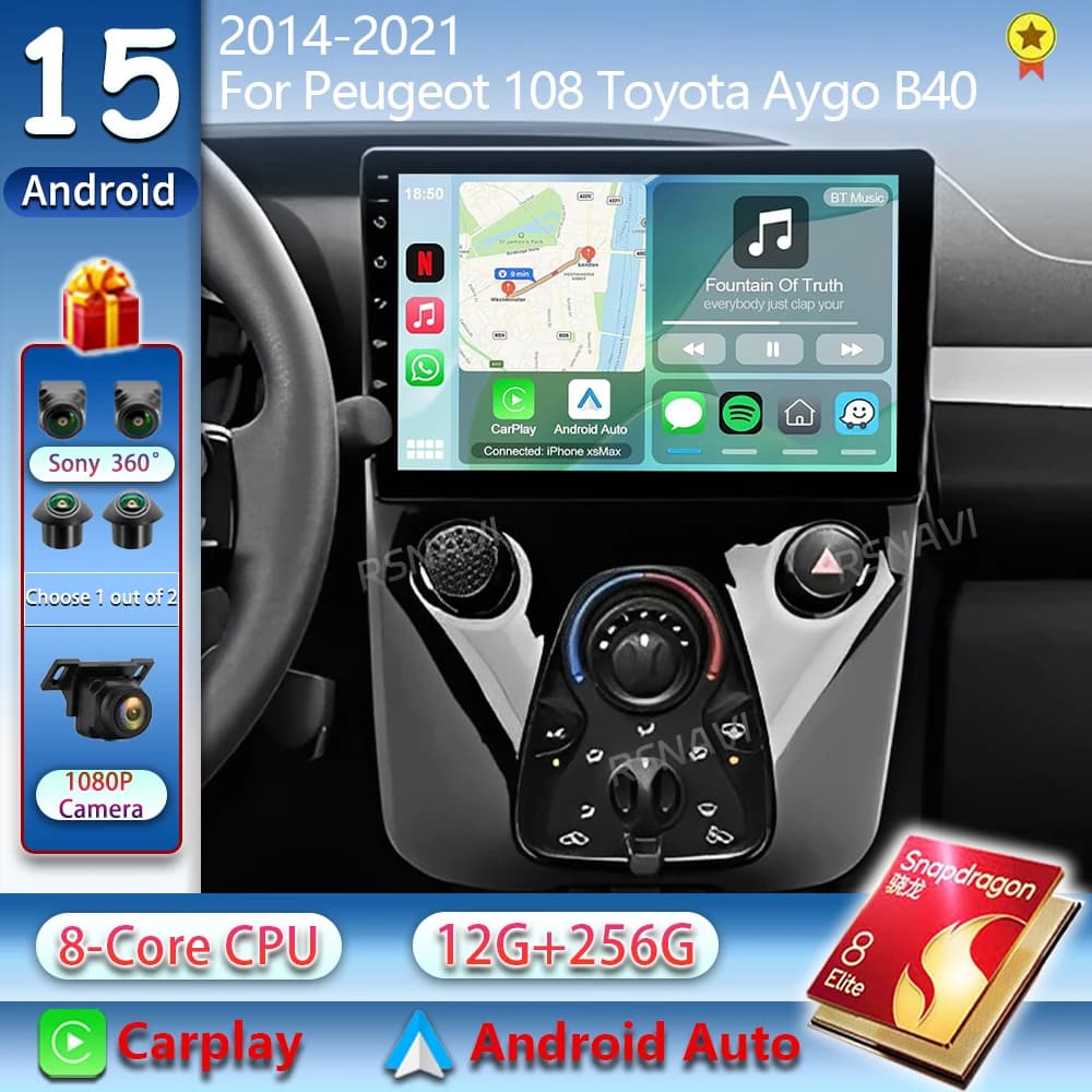 Android 15 Autoradio Per Peugeot 108 Per Toyota Aygo B40 2014-2021 Lettore Video Multimediale di Navigazione Stereo GPS 2din 2 din DSP