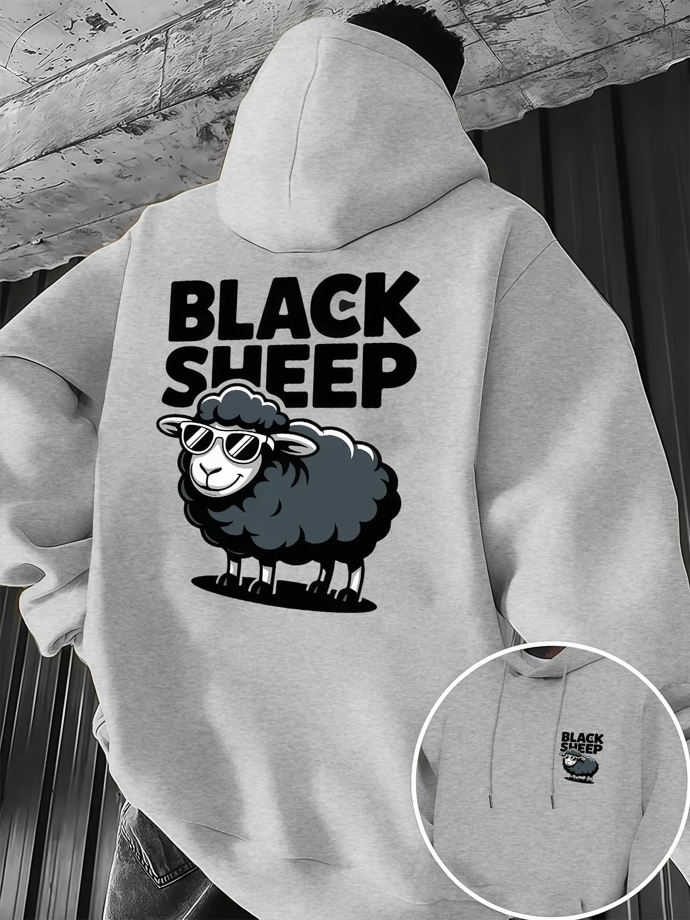 Men's Autumn Winter Hoodie Black Sheep Cool Cartoon Sheep With Sunglasses Front Back Print Streetwear Fleece Sweatshirt