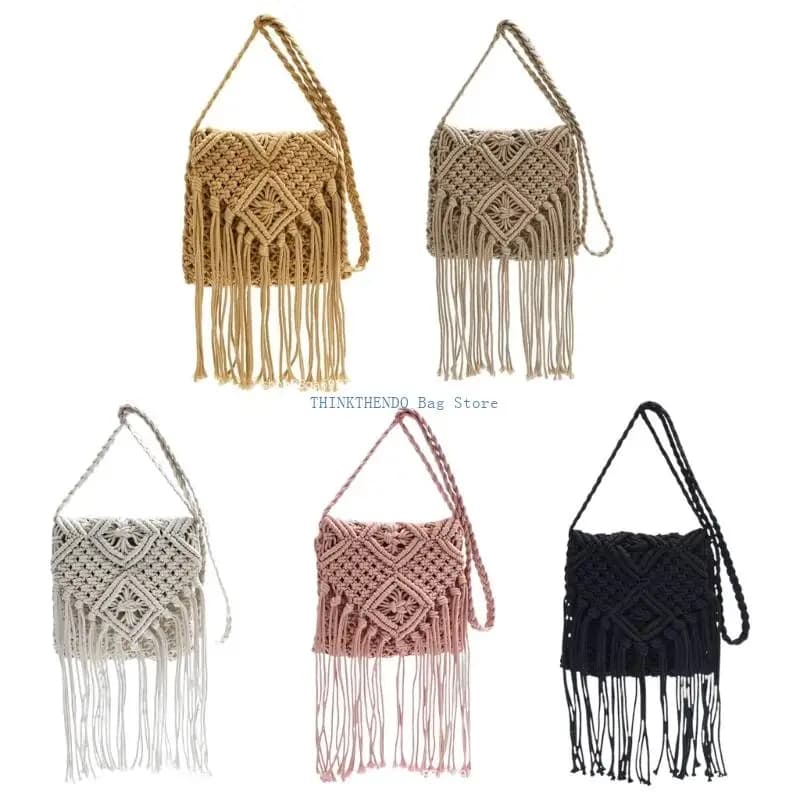 340D Trendy Crochet Purse Lightweight Cotton Bag With Tassels Detail Shoulder Bag