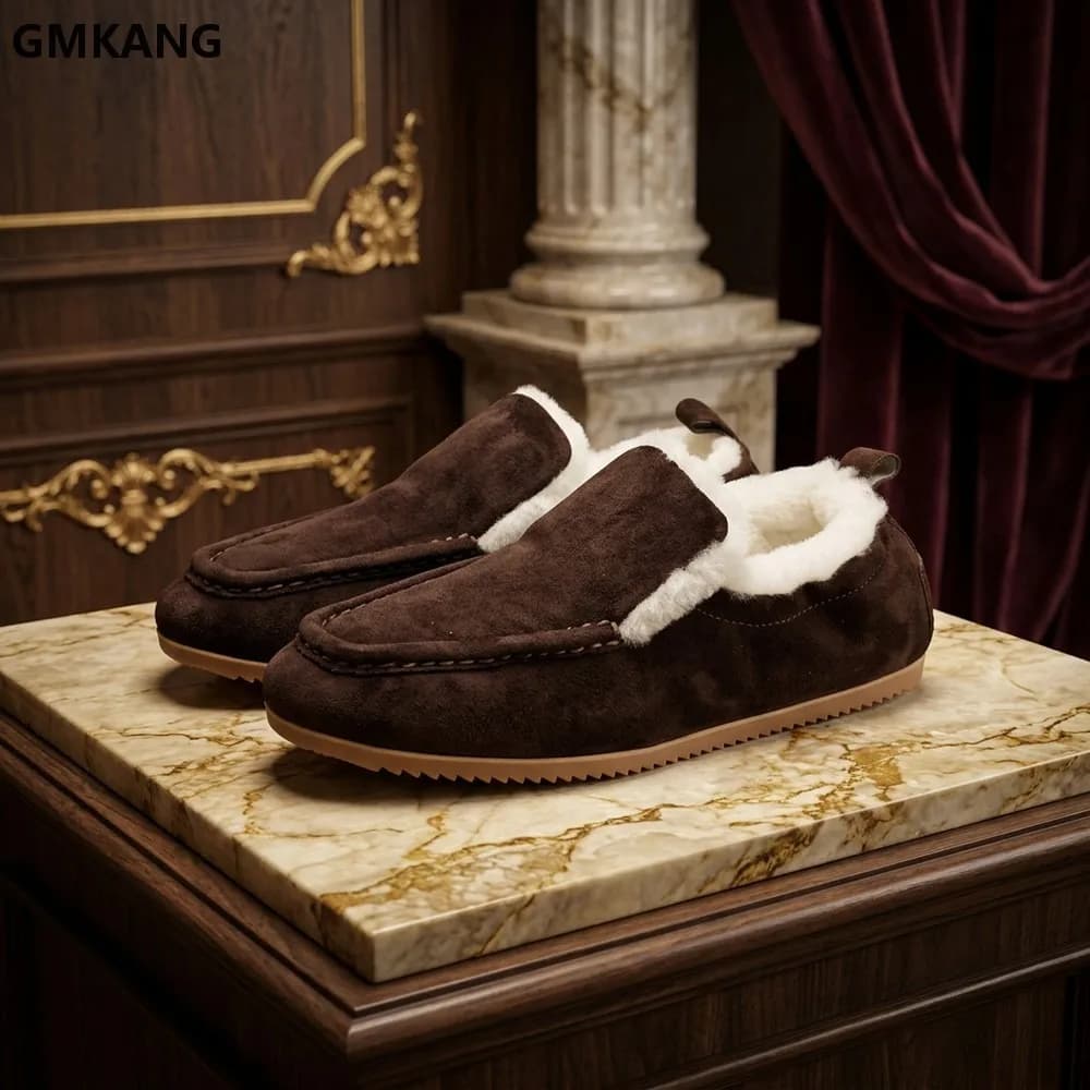 GMKANG Suede Leather Loafers Women Winter Warm Wool Lined Shoes Round Toe Slip On Comfortable Flat Walking Shoes Casual