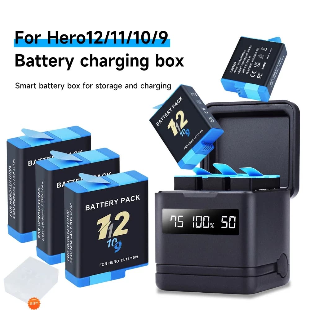 Batteria da 2000 mAh per GoPro hero 10 + caricabatterie LCD a 3 slot con porta di tipo C per fotocamere sportive GoPro Hero 9 Go Pro 10 hero 11 12