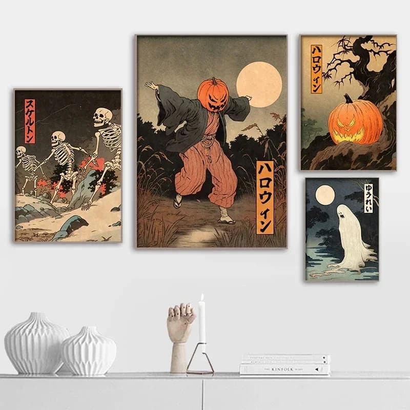 Canvas Painting Japanese Ukiyo-e Horror Night Ghost Skeleton Pumpkin Print Wall Art Picture For Home Halloween Decor Wall Decor