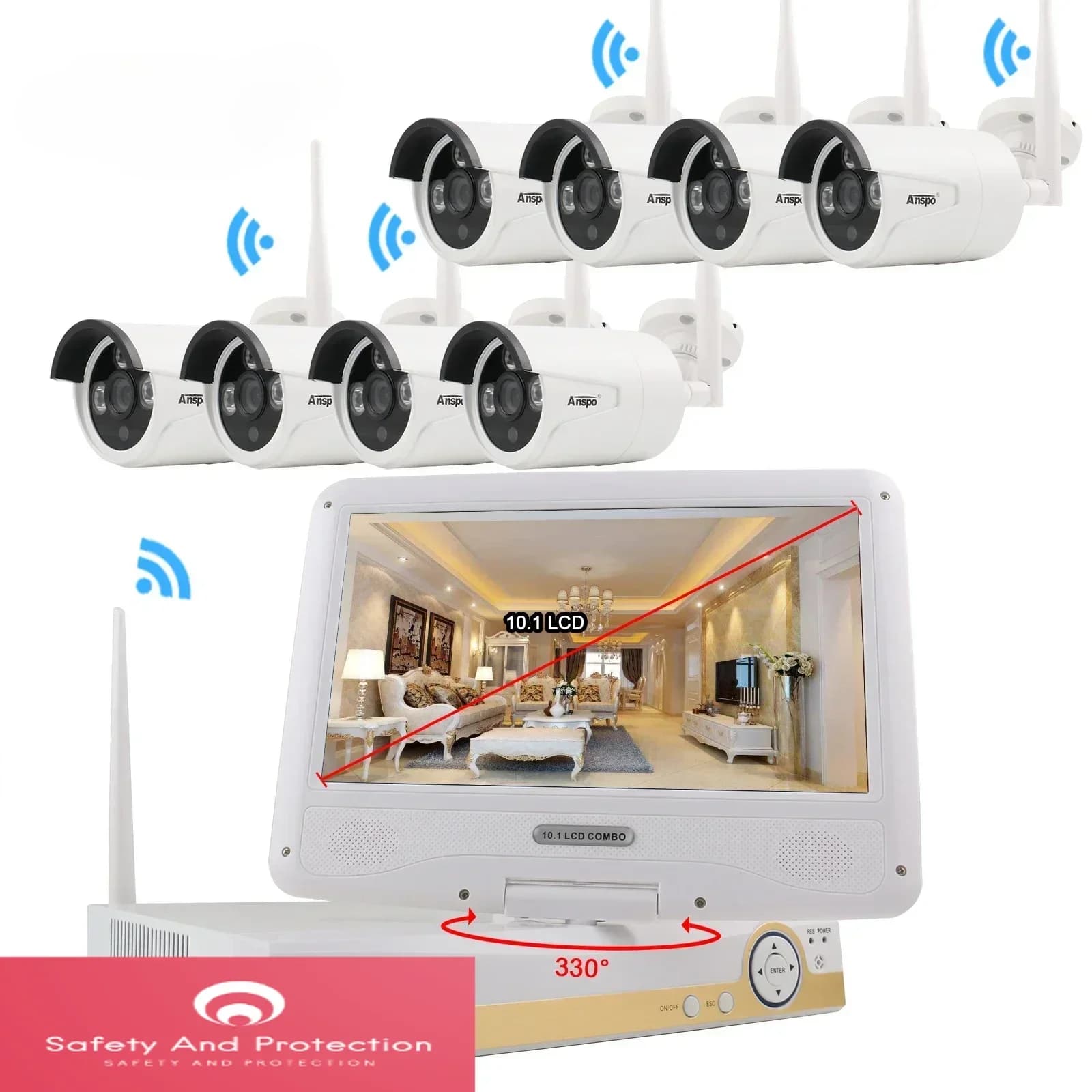Kit NVR Wireless Anspo con Schermo LCD da 10 Pollici, Sistema di Telecamere di Sicurezza CCTV 8CH 1080P HD Plug and Play, Telecamera Bullet Impermeabile da 2MP