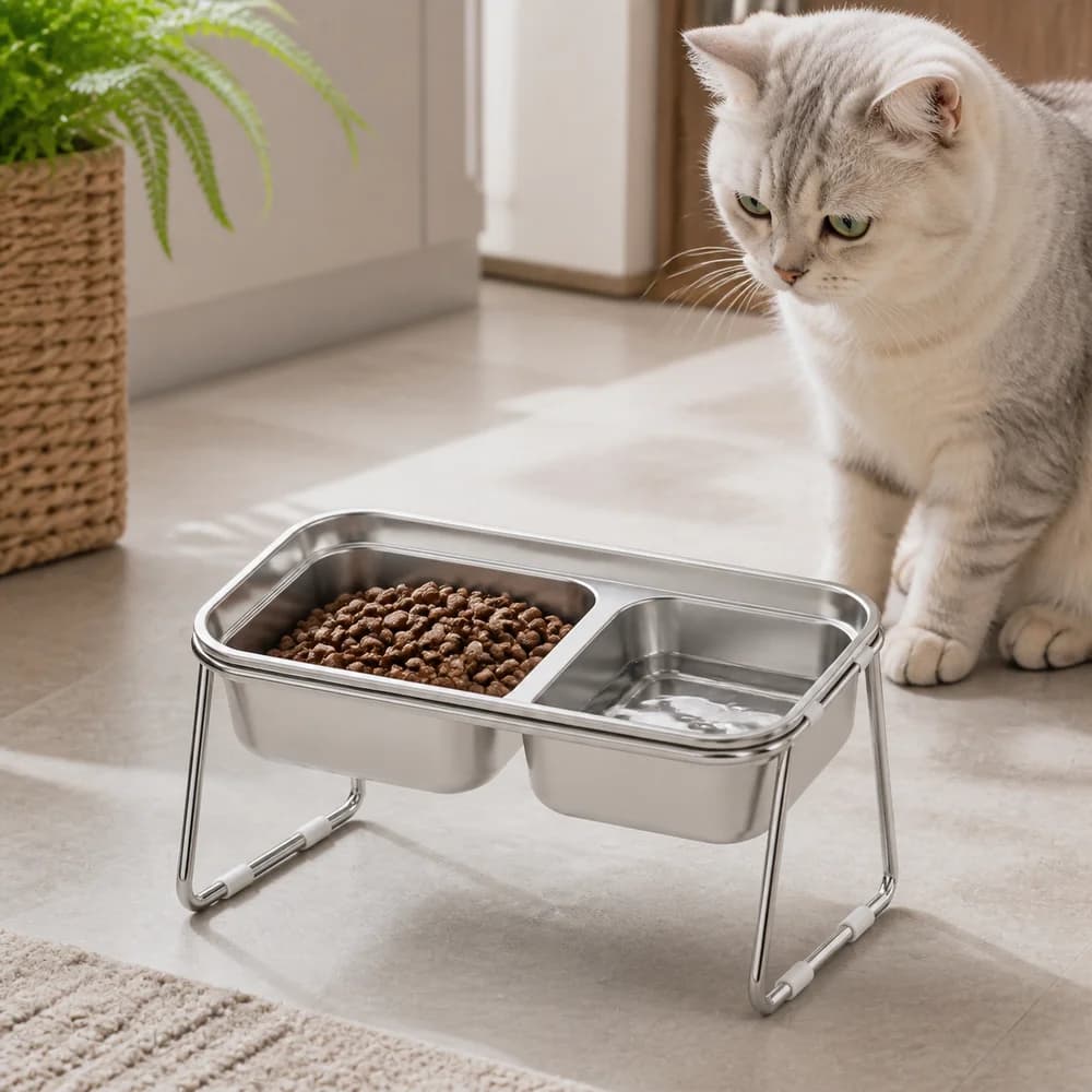 Stainless Steel Pet Feeding Bowl Non-Slip Base Double Compartment Pet Water Bowl Slanted Anti Overturning Cat Food Bowl