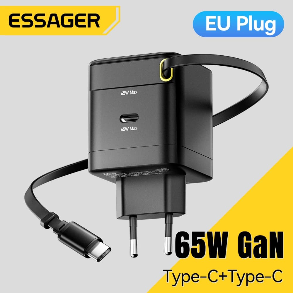 Caricabatterie GaN Essager 65W con cavo flessibile retrattile PD ricarica rapida per iPhone 16 15 laptop MacBook caricatore per telefono di tipo C