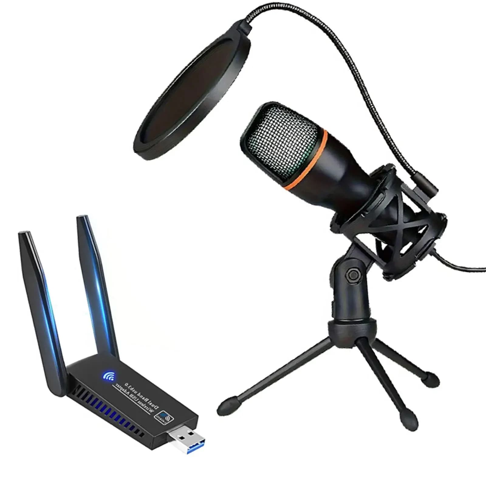 Streaming & Network Performance Combo: 1300Mbps USB WiFi Adapter (Dual Band, Dual Antenna) & Professional RGB Condenser Mic Kit with Noise Reduction, Tripod Stand, High-Quality Audio & Stable Connectivity for PC, Gaming, YouTube & Recording