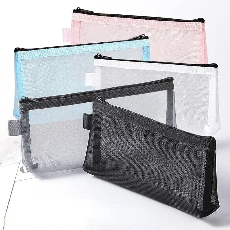 Astuccio per trucco grigio nero Borse per pennelli cosmetici trasparenti in rete di grande capacità Astuccio per matite in nylon con cerniera tinta unita per studenti